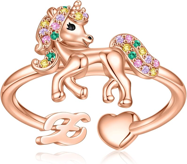 Unicorn Initial Rings for Teen Girls, Rose Gold/White Gold Plated Heart Initial Rings for Girls Adjustable Stackable Rings for Women Diny Heart Ring for Teen Girls Gifts Unicorns Gifts for Girls