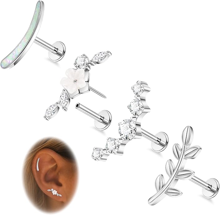 NICEIGHT 4Pcs 16G G23 Titanium Cartilage Earrings for Women Titanium Threadless Push in Cartilage Earring Stud for Sensitive Ear Flower Opal CZ Conch Earrings Flat Back Conch Piercing 6/8/10MM Bar
