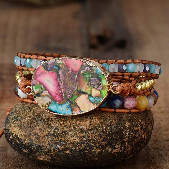 Women Wrap Bracelet Boho Natural Jasper Crystal Stone Beads Strand Bracelets