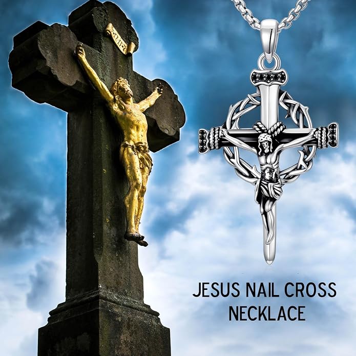 Crown of Thorns Necklace for Men 925 Sterling Silver Nail Cross Necklace Pendant Religious Christian Jewelry Valentines Day Gifts for Men