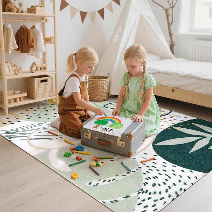 Lahome Sage Green Boho Bedroom Rug 4x6, Washable Non Slip Soft Botanical Area Rug for Cozy Aesthetic Apartment Nursery Dorm Decor