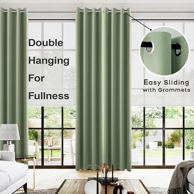 KOUFALL Green Curtains 108 Inches Long,Boho Room Darkening Thermal Blackout Drapes for Bedroom,2 Panel Set,Sage