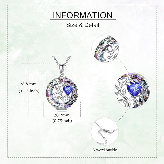 Tree Of Life Birthstone Necklace 925 Sterling Silver Crystal Family Tree Pendant Necklaces Heart Birthstone Jewelry For Women Female Anniversary Birthday Gifts