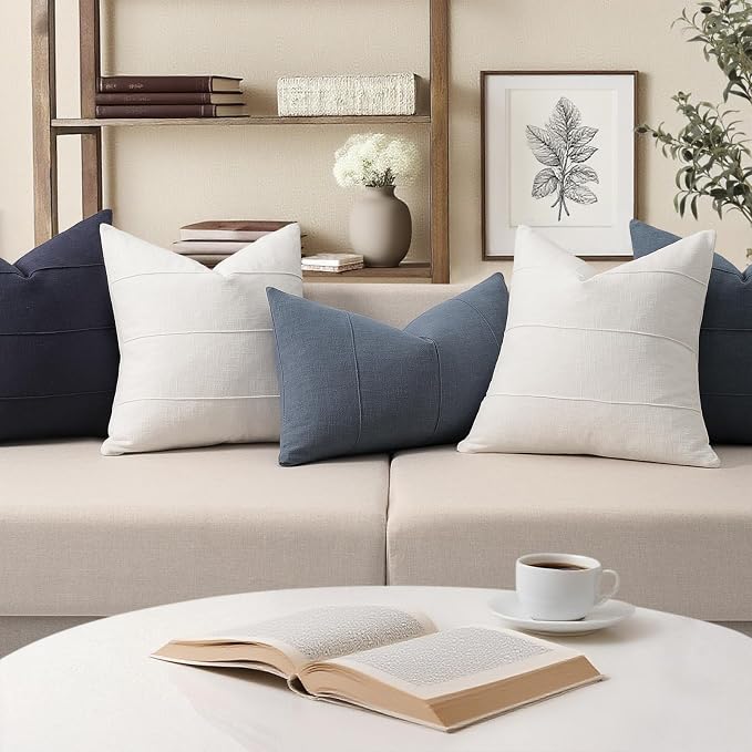 Decorative Linen Throw Pillow Covers 16x16 Set of 2 Solid handcrafted Striped Cushion Covers for Bed Soft Modern Farmhouse Neutral Pillowcase for Couch Bedroom Living Room Home Decor(Cream White)