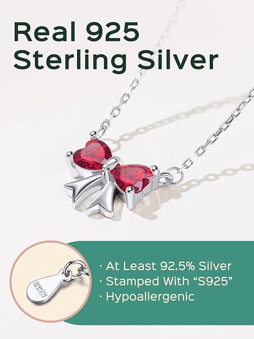 ChicSilver Bow and Cat Birthstone Necklace, 925 Sterling Silver Pendant Necklaces for Women, Hypoallergenic Silver Choker with 16 inch Rolo Chain, 12 Months Jewelry for Valentines Mothers Day Christmas