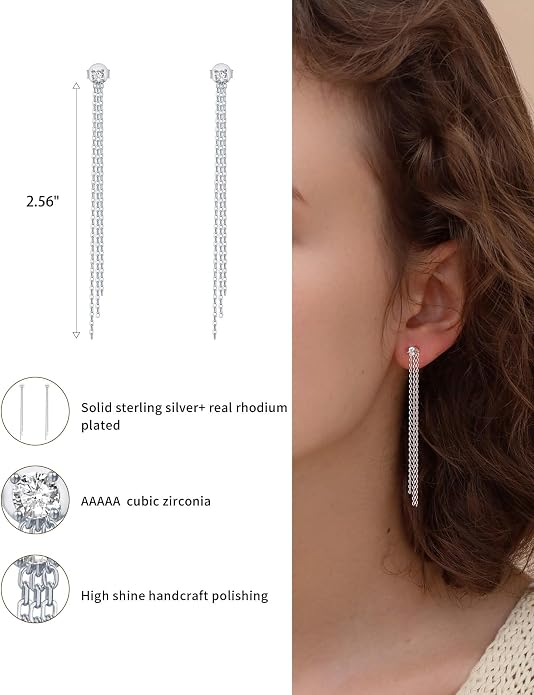 S.Leaf S925 Sterling Silver Threader Chain Earrings 18K Gold Plated Cubic Zirconia Dainty Dangle Double Piercing Long Drop Dangly Pull Through Tassel Chain Earrings Gifts for Women