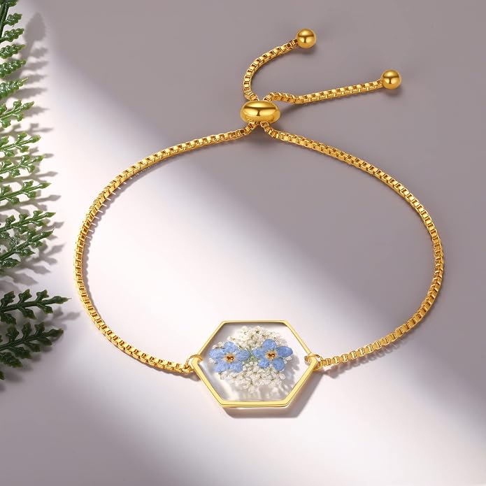 AUNTESIGN Forget-Me-Not Pressed Wildflower Bracelet | Pressed Flower Bracelet | Gold/Silver Pressed Flower Jewelry | Personalized Handmade Jewelry | Gift For Women