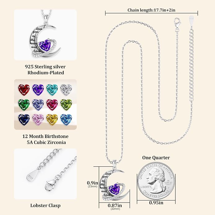 Distance I Love You to The Moon and Back Necklace for Women, S925 Sterling Silver Forever Love Heart Birthstone Necklace, Anniversary Birthday Jewelry for Wife Lover