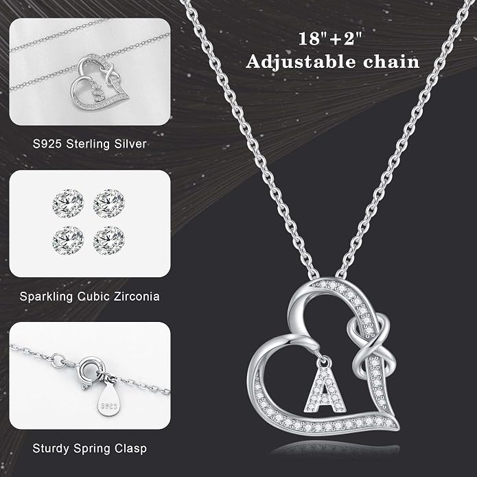 Infinity Heart Necklaces for Women, S925 Sterling Silver Initial Necklace Womens Jewelry Mothers Day Gifts Girls Valentines Gifts for Her Christmas Birthday Gifts for Women Mom Wife Girlfriend