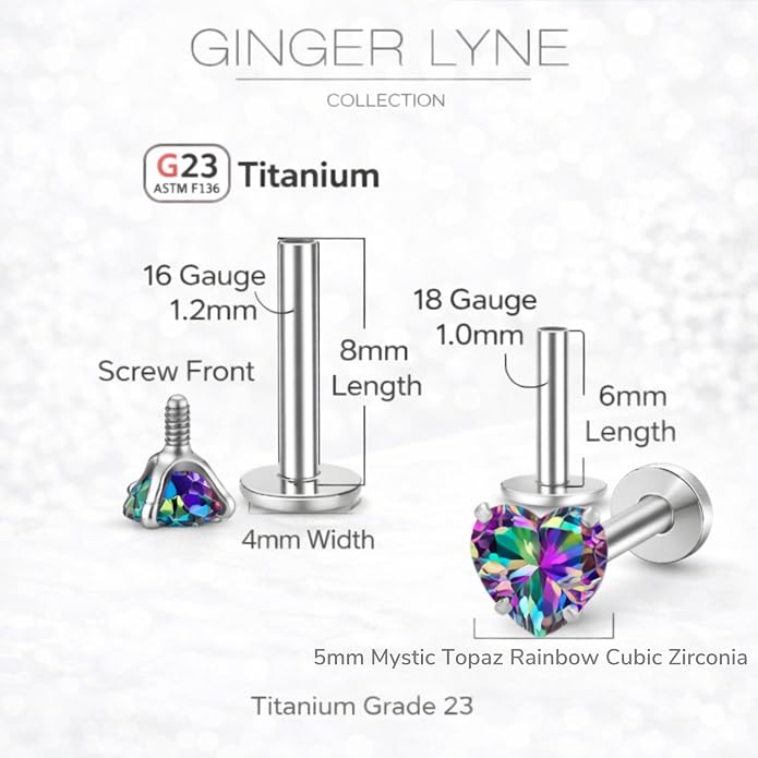 Titanium Heart CZ Labret Stud Earrings for Piercings by Ginger Lyne 6Pc Set G23 Screw Front Flat Back Body Jewelry 2 pair post 6mm, 8mm Cartilage, Helix, Tragus, Lip, Conch, Lobe