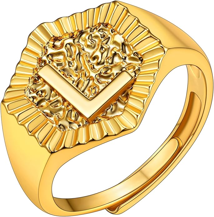 KeyStyle Bold Initial Letter Rings Adjustable, GoldChic Jewelry Women Gold Statement Ring Personalized Engraved Women’s Open Signet Ring for Party (Gold, White Gold, Black)