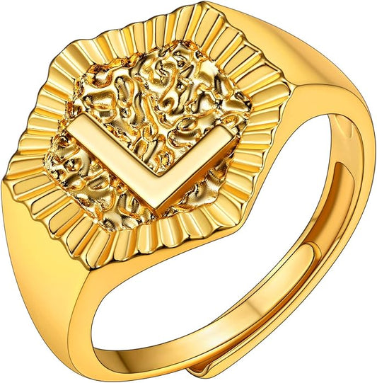 KeyStyle Bold Initial Letter Rings Adjustable, GoldChic Jewelry Women Gold Statement Ring Personalized Engraved Women’s Open Signet Ring for Party (Gold, White Gold, Black)