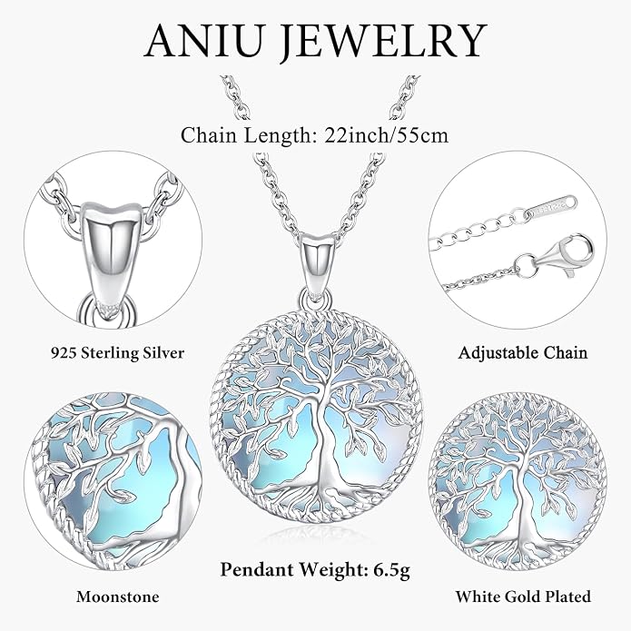 Aniu Tree of Life Necklace for Women, 925 Sterling Silver Mother of Pearl Family Palm Tree Charm Pendant Jewelry for Birthday Christmas Gift