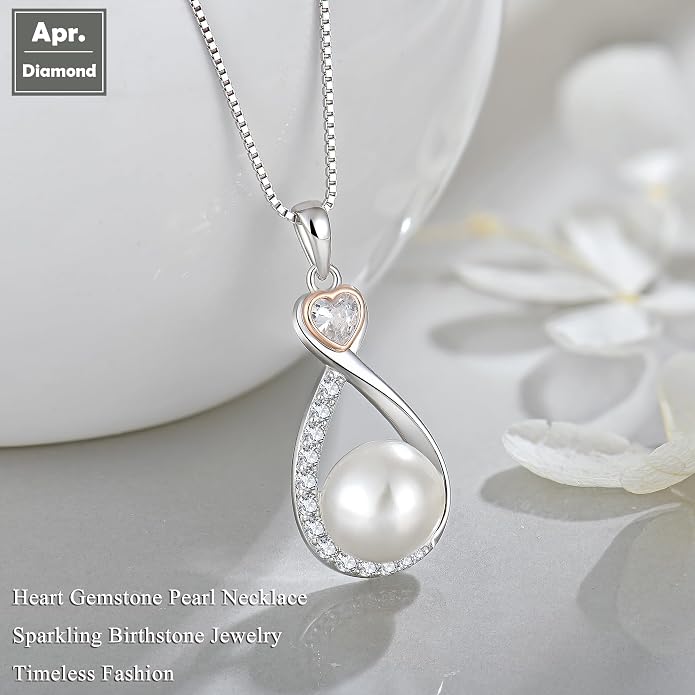 Heart Birthstone Pearl Pendant Necklace, 925 Sterling Silver Infinity Necklace with 10mm Freshwater Cultured Pearl & 4mm Gemstone Jewelry for Women