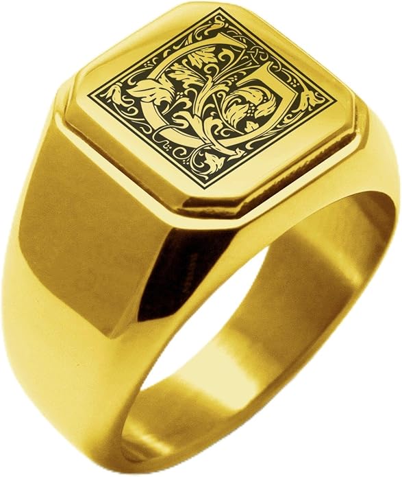 Jewelry | Stainless Steel Letter Alphabet Initial Ring | Square Flat Top Ring for Men & Women | Stainless Steel Jewelry, (Black, Gold, Silver), Size 7-16
