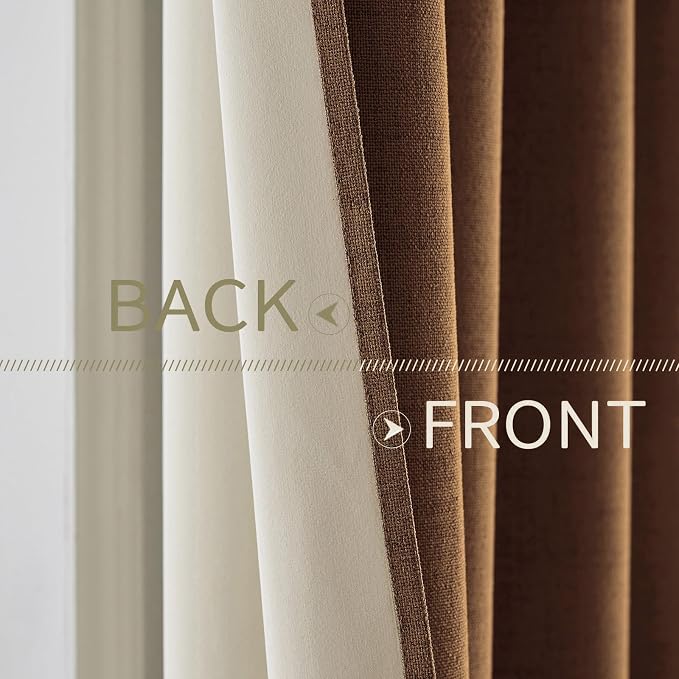 MIULEE Linen Curtains for Bedroom 100% Blackout Thermal Insulated Brown Grommet Room Darkening Curtains & Drapes Fall Decor for Living Room 52 x 90 Inch (2 Panels)