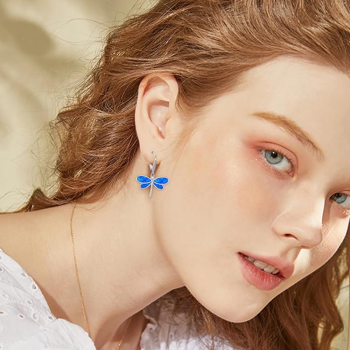 CUOKA MIRACLE Dragonfly Earrings 925 Sterling Silver Hoop Dragonfly Earrings Dangle Drop Opal Earring Dragonflies Jewelry Gifts for Women Wife