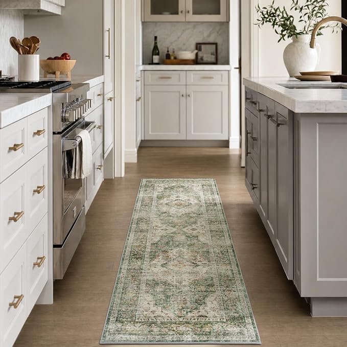 AMOAMI-2X6 Runner Rug-Washable Runners for Hallways-Soft Non Slip Bedside Rugs for Bedroom-Vintage Long Rug for Hallways Entryway Laundry Room Stair Kitchen Bathroom Olive Green