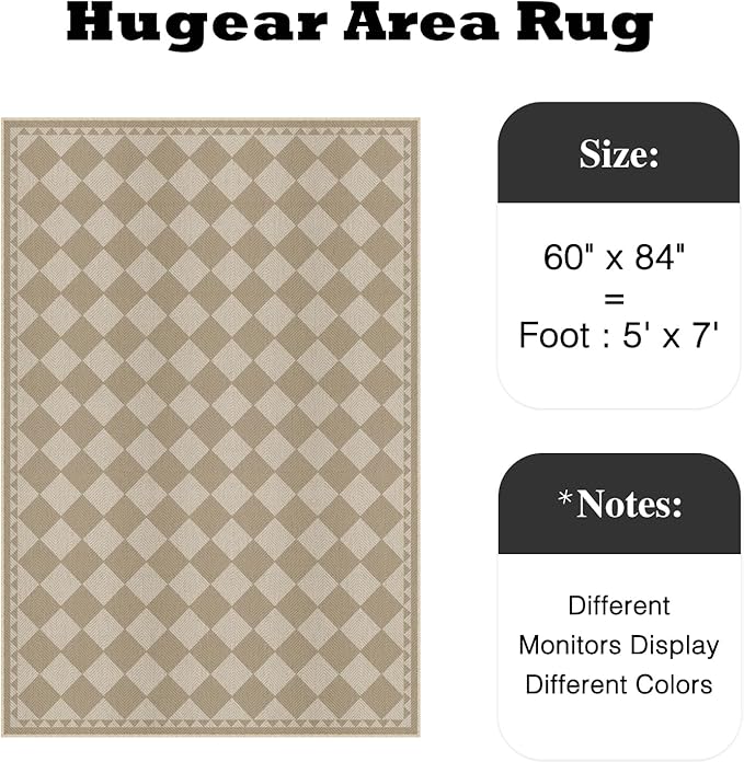 HUGEAR 5x7 Outdoor Rug Brown/Beige Linen-Look Fabric Checkered Area Rug High Traffic Stain Resistant Easy Clean Durable Rugs for Indoor/Outdoor Patio Deck Balcony Porch Garden Courtyard