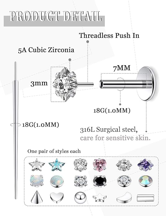 20G 18G 16G 14K Gold Filled Threadless Flat Back Earrings Studs Surgical Stainless Steel Opal CZ Nose Rings Studs Tragus Helix Conch Cartilage Earrings Piercing Jewelry For Women Men Silver