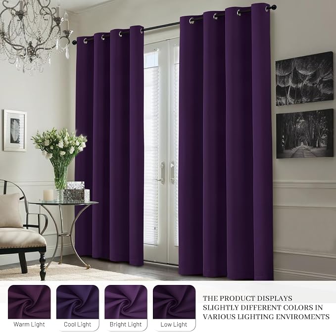 Yakamok Purple 100% Blackout Curtains 63 Inches Long for Bedroom 50" Wide | Blackout Curtain Panels for Bedroom, 2 Thick Layers Grommet Top Thermal Insulated Drapes with White Back for Living Room