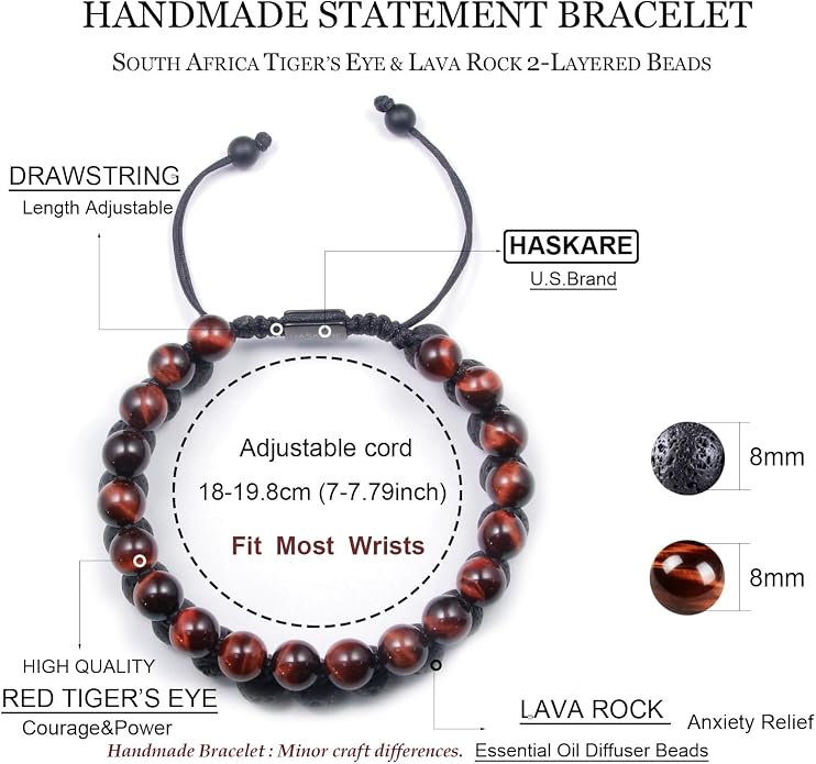 HASKARE Energy Beads Tiger Eye Bracelet for Men, Red Tiger Eye Beads Lava Stone Bracelets, Handmade Protection Crystal Bracelet Mens Jewelry Bracelets Father Christmas Gift for Stress Relief 8mm