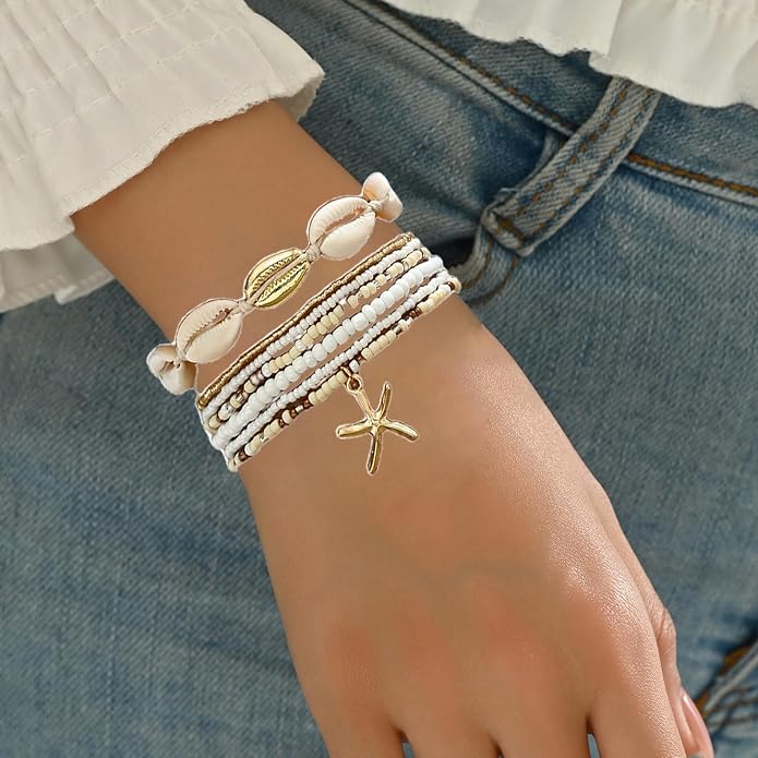 Summer Beach Ankle Bracelets for Women Boho Multilayer Shell Starfish Anklets Bracelets Surfer Heishi Stack Stretch Bracelets Jewelry