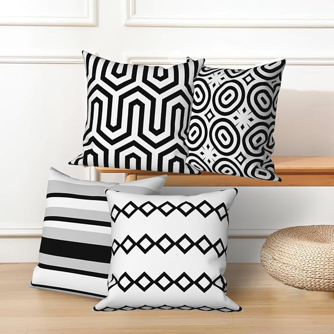 Black White Geometric Throw Pillow Cover 24"x24" Set of 4, Modern Minimalist Irregular Stripes Cushion Cover for Sofa Chair Couch Bed Office Garden Patio Farmhouse Indoor Outdoor