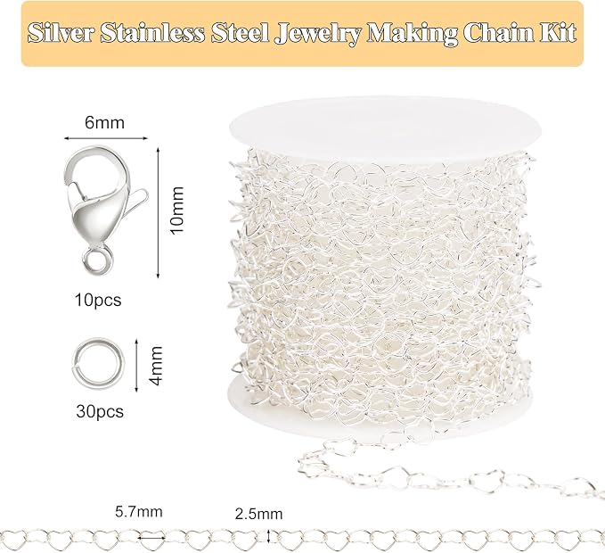 GTVOODX 16.4 Feet Silver Heart Chain for Jewelry Making Stainless Steel Necklace Bulk Chain Roll Spool for DIY Bracelet Craft Supplies with Lobster Clasps Jump Rings