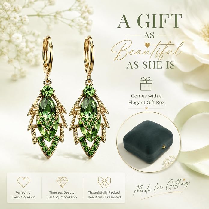 14K Gold Plated Dangle Drop Earrings, Hypoallergenic Cubic Zirconia Crystal Teardrop Leaf & Feather Earrings, Vintage Long Linear Threader Chandelier Statement Jewelry for Women Wedding Party Gifts