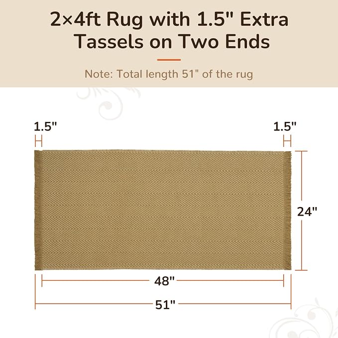 2x4 Washable Boho Runner Area Rug with Tassels for Living Room Yellow Beige | Vacuum Friendly, Machine Washable, Non-Slip Rug, Modern Farmhouse Neutral Decor Carpet, Bathroom Bedroom Kitchen Hallway