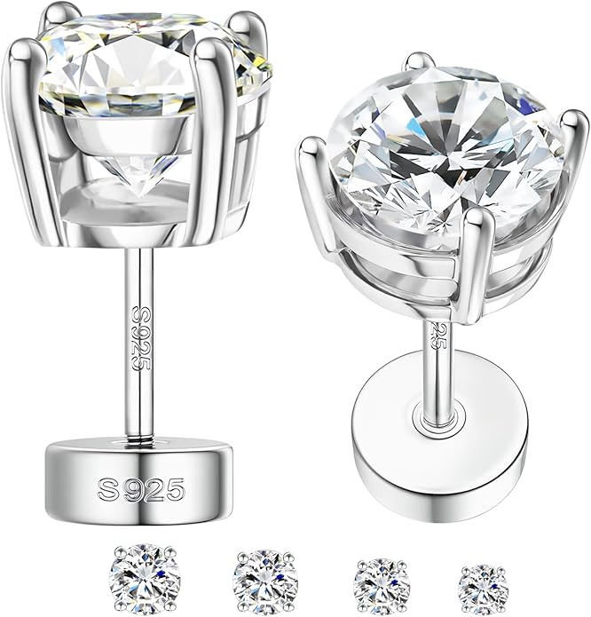 Moissanite Earrings, Hypoallergenic Flat Back Earrings for Women Men, Screw On Studs 925 Sterling Sliver Cartilage Earring for Sensitive Ears 4mm Short Post