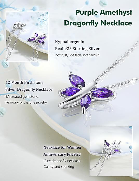 925 Sterling Silver Birthstone Necklaces for Women, Dainty Cute Dragonfly/Butterfly Pendant Necklace, Great Christmas/Anniversary Jewelry for Mother