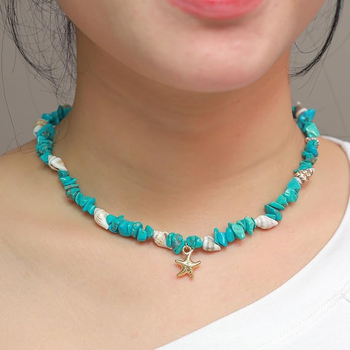 14K Gold Plated Paper Clip Chain Link Necklace Satellite Cross Key Starfish Turquoise Heart Necklace for Women