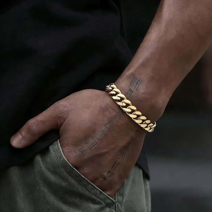 Stainless Steel Cuban Link Bracelet for Men - Gold/Silver Plated Miami Curb Chains Bracelet - Cuban Hand Chain Wrist Bracelet Hip Hop Jewelry, 9mm/11mm Width, 7.5"/8.3"/9"