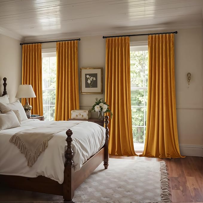 MIULEE Mustard Yellow Velvet Curtains 84 inches Long, Pinch Pleated Blackout Drapes with Hooks, Thermal Insulated Pinch Pleat Panels for Bedroom Living Room, 2 Panels