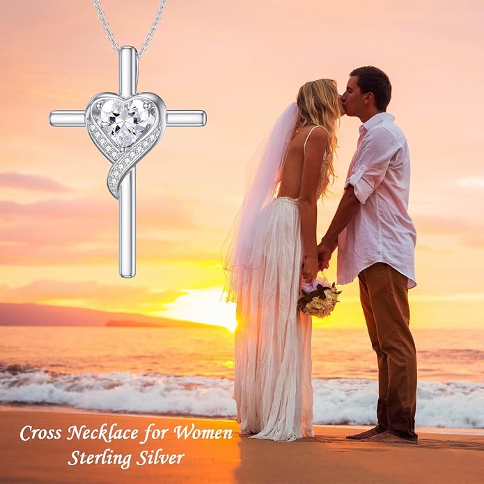 TOUPOP Birthstone Cross Necklace for Women 925 Sterling Silver Heart Cross Pendant Necklace Mothers Day Birthday Jewelry Gifts for Mom Wife Her