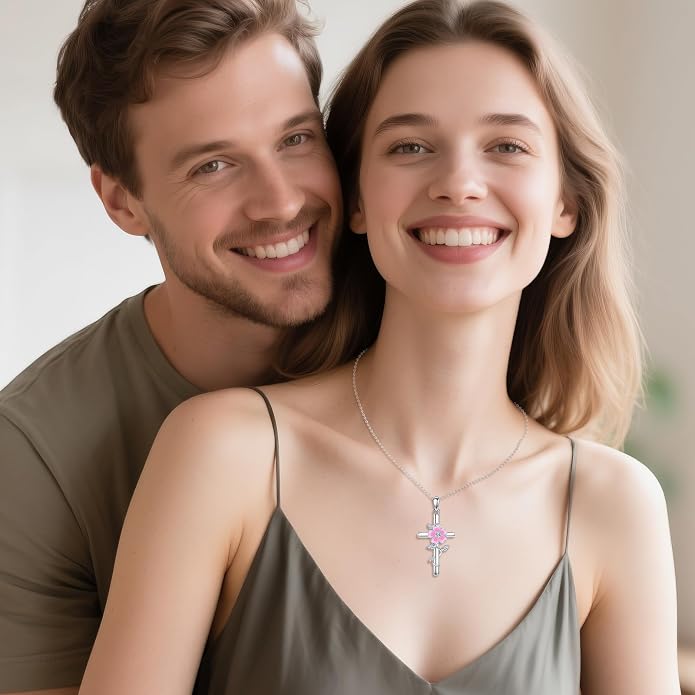 Flower Cross Necklace 925 Sterling Silver Carnation/Rose/Lily/Daisy Cross Necklace Birth Flower Jewelry for Women