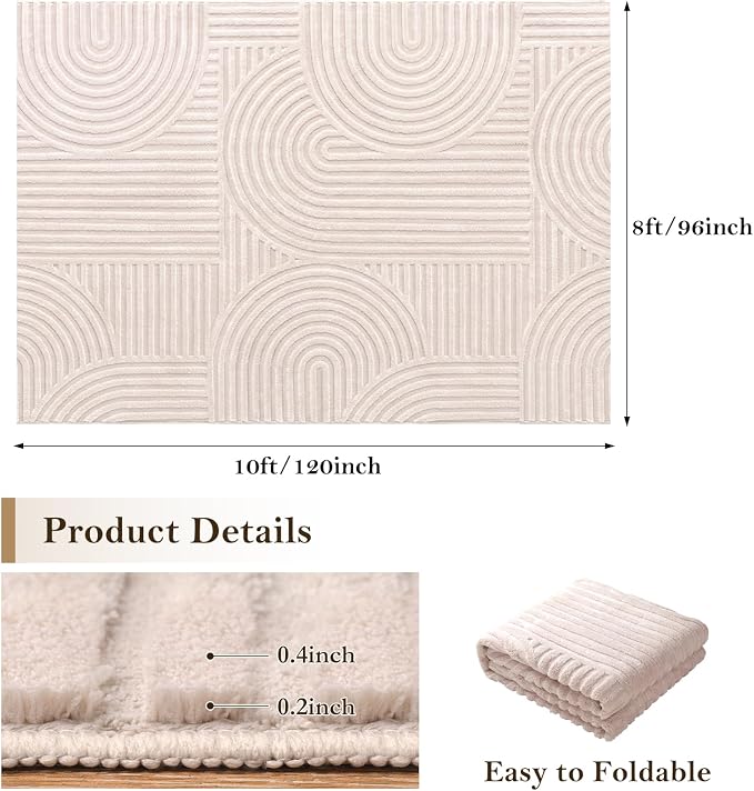 Ciicool 8x10 Large Area Rug for Living Room,Beige Washable High-Low Pile | Modern Soft Textured Non Slip Plush Carpet Stain Resistant Non Shedding Geometric for Bedside Bedroom Kitchen Indoor Decor