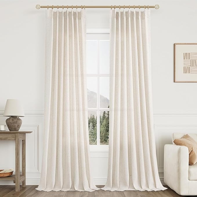 Extra Long Linen Curtains 102 Inches for Living Room Cream Pinch Pleated Light Filtering Semi Sheer Curtain Back Tab Farmhouse Boho Decor Window Drapes for Bedroom Natural Beige Ivory 40x102, 2 Panels