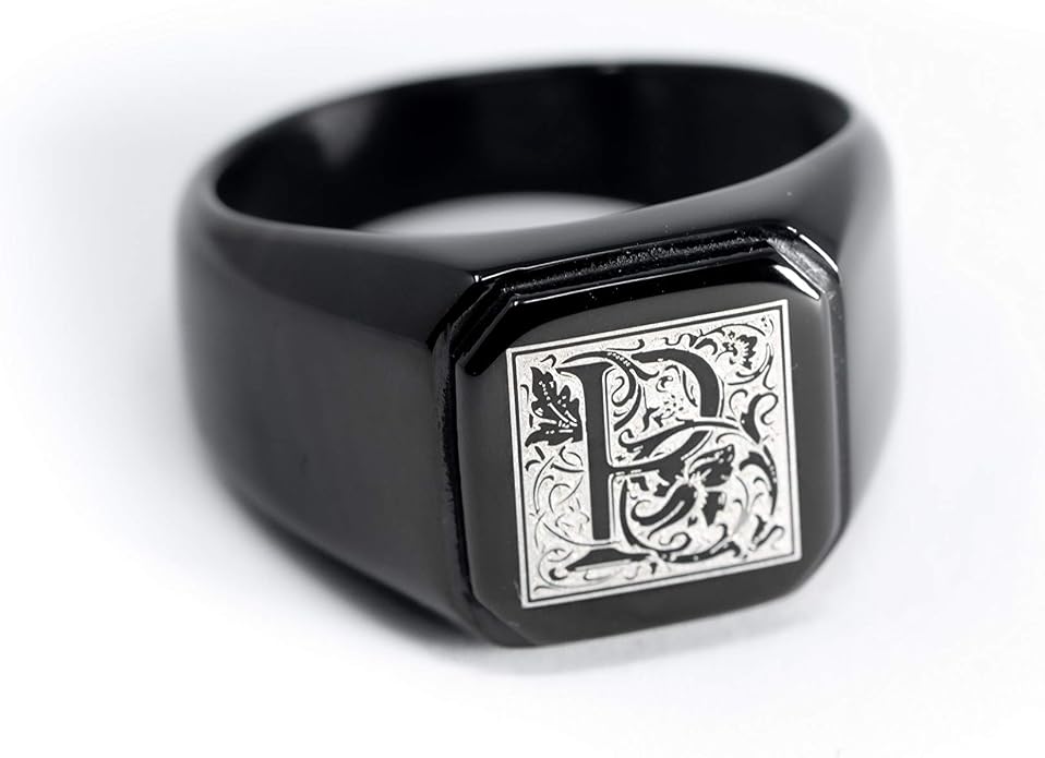 Jewelry | Stainless Steel Letter Alphabet Initial Ring | Square Flat Top Ring for Men & Women | Stainless Steel Jewelry, (Black, Gold, Silver), Size 7-16
