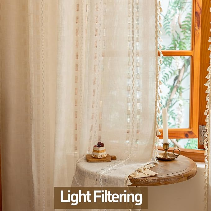 Boho Natural Sheer Curtains 2 Panels for Kitchen Bedroom,Farmhouse, Bohemian Beige Tassels 54 inches Long country Light Filtering Curtains Shabby Chic Embroidery Striped Draps Back Tab, 50" W