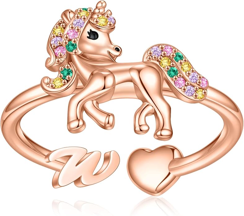Unicorn Initial Rings for Teen Girls, Rose Gold/White Gold Plated Heart Initial Rings for Girls Adjustable Stackable Rings for Women Diny Heart Ring for Teen Girls Gifts Unicorns Gifts for Girls