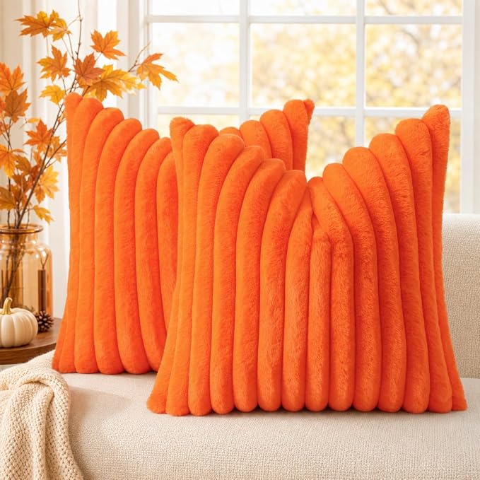 decorUhome Fall Faux Fur Throw Pillow Covers 24x24 Set of 2 Orange | Decorative Soft Cozy Striped Plush Modern Farmhouse Boho Couch Pillow Cases Velvet Back for Sofa Bed Living Room Home Decor