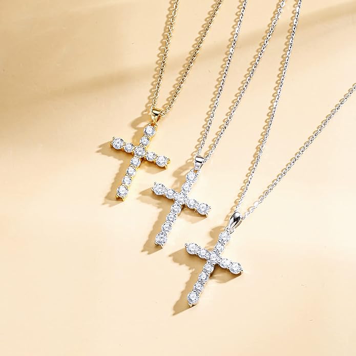 Carleen Cross Necklace For Women Yellow Gold Plated Sterling Silver Cubic Zirconia CZ Simulated Diamond Cross Crucifix Pendant Necklace Jewelry Easter Gift for Women, 18" Silver Chain Nice Gifts Jewelry Box