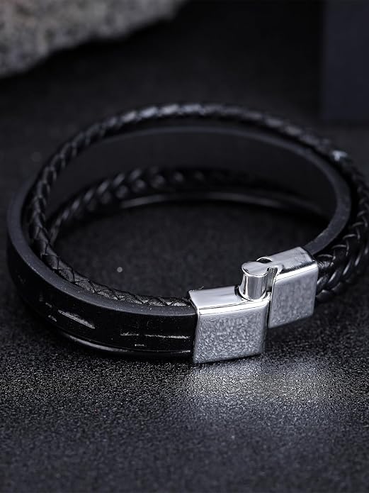 Mens Leather Cross Bracelet Multilayer Braided Wristband Bangle Bracelets with Stainless Steel Buckle Religious Gift for Men Brown/Black/Blue–8.3 inch