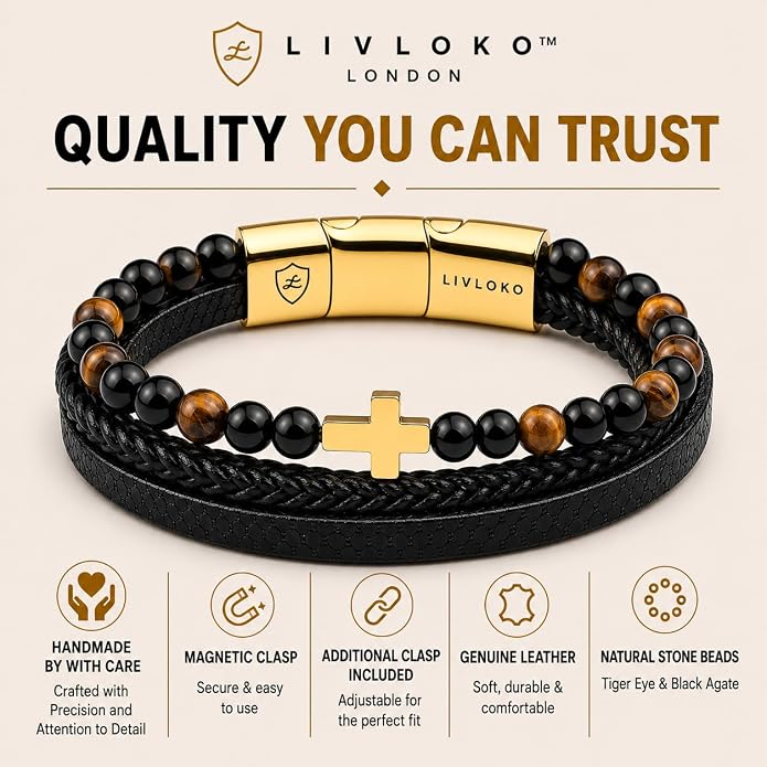 LONDON Mens Bracelet Leather Black Multi-Layer Stone Beads Adjustable Steel Clasp Viking Rope Bands Surfer Man Wristband Male UK Jewellery Gift box Boyfriend Dad Son Brother Tiger Eye