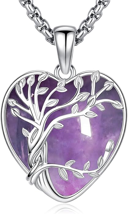 Eusense Tree of Life Necklace for Women White Gold Plated Copper Moonstone/Turquoise/Black Onyx/Crystal Birthstone Pendant Jewelry Gifts for Women Men