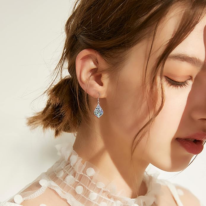 CRMAD Hummingbird/Bee/Leaves/Sunflower/Daisy/Dragonfly/Rose/Lotus Flower Sterling Silver Filigree Teardrop Earrings Abalone Shell Jewelry for Women