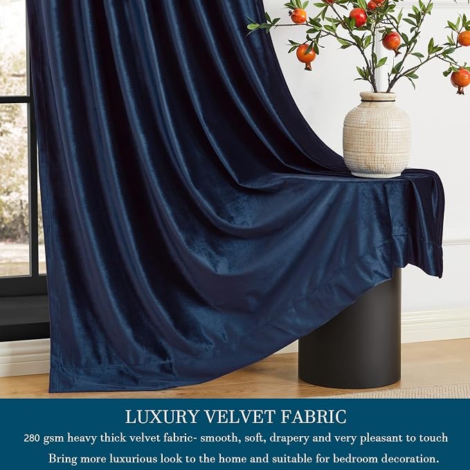 Elegant Navy Blue Velvet Curtains 102 inches for Living Room,Luxury 2 Panels Room Darkening Rod Pocket Back Tab Curtain Thermal Insulated Heavy Soundproof Noice Reducing Window Drapes for Bedroom